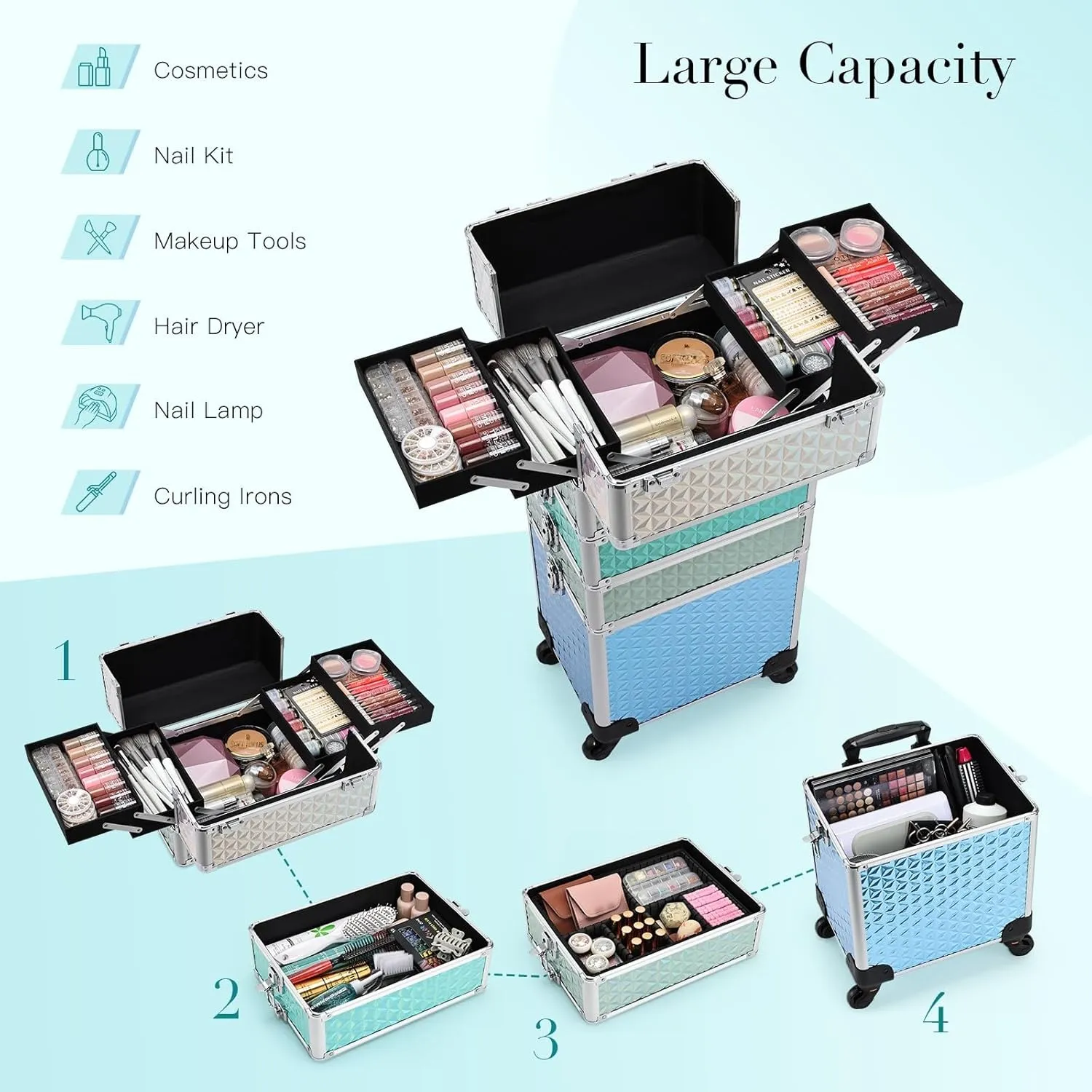 Adazzo Professional Rolling Makeup Train Case 4 in 1 Aluminum Trolley Case with 360° Rotation Wheels for Makuep Artist Cosmetic Suitcase Organizer with Lock and Key Diamond Pattern - Turquoise