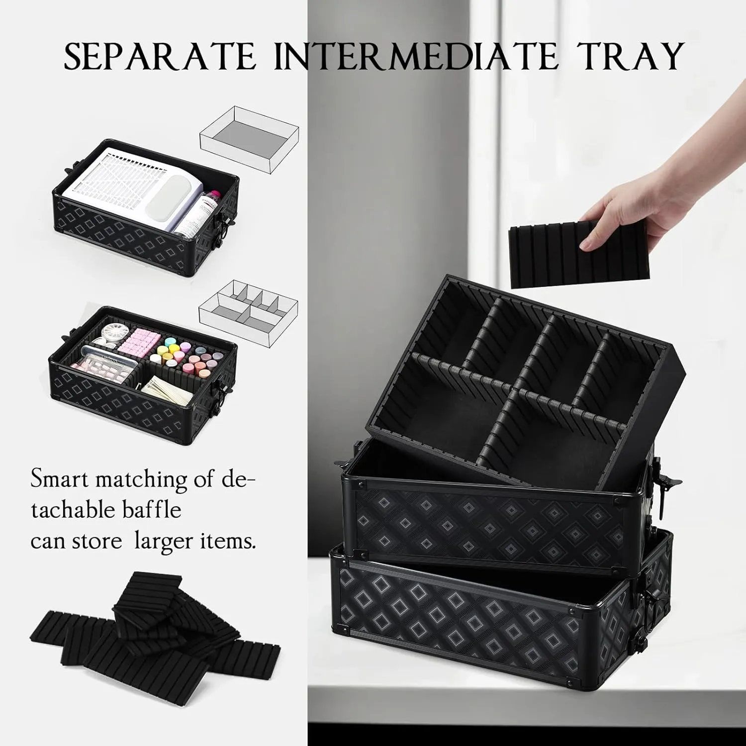 Adazzo Professional Rolling Makeup Train Case 4 in 1 Aluminum Trolley Case with 360° Rotation Wheels for Makuep Artist Cosmetic Suitcase Organizer with Lock and Key - Holographic Grid