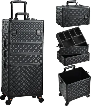 Adazzo Professional Rolling Makeup Train Case 4 in 1 Aluminum Trolley Case with 360° Rotation Wheels for Makuep Artist Cosmetic Suitcase Organizer with Lock and Key - Holographic Grid