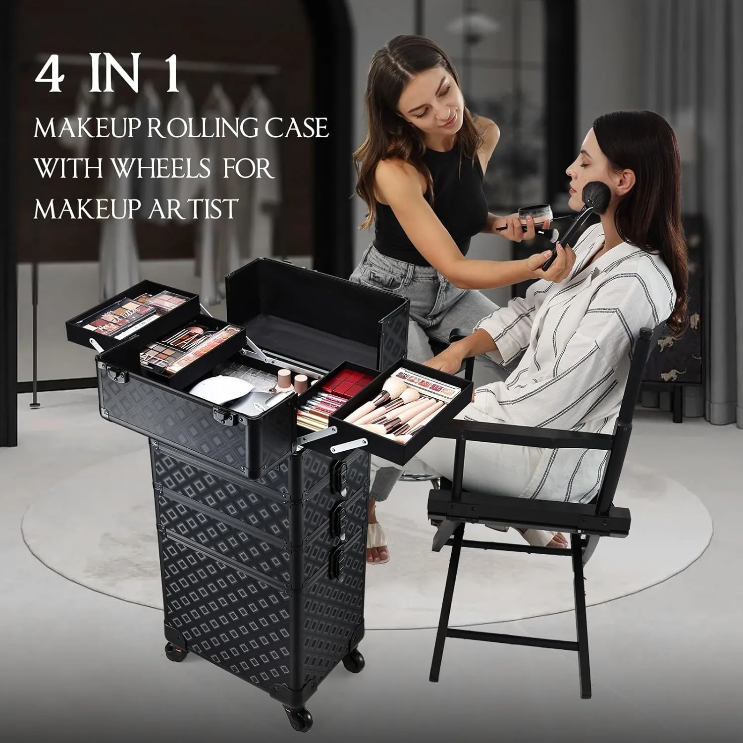 Adazzo Professional Rolling Makeup Train Case 4 in 1 Aluminum Trolley Case with 360° Rotation Wheels for Makuep Artist Cosmetic Suitcase Organizer with Lock and Key - Holographic Grid