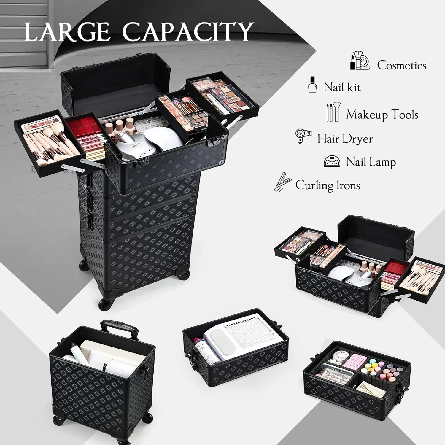 Adazzo Professional Rolling Makeup Train Case 4 in 1 Aluminum Trolley Case with 360° Rotation Wheels for Makuep Artist Cosmetic Suitcase Organizer with Lock and Key - Holographic Grid