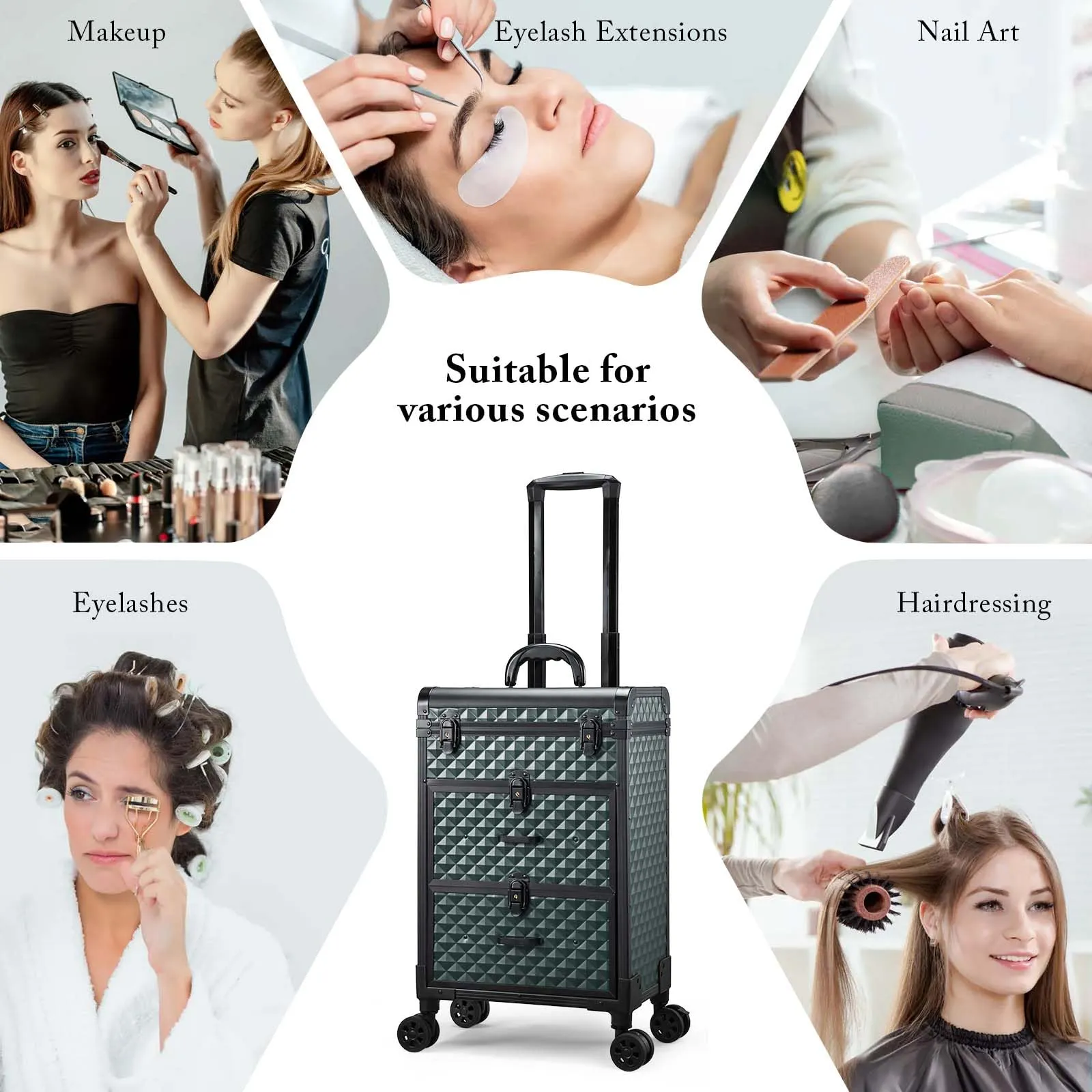 Adazzo Professional Rolling Makeup Train Case with Drawers, Makeup Case on Wheels, Nail Tech Rolling Cart Storage Organizer Trolley Make up Case for Travel Makeup/Nail Art/Hair Styling, Dark Green