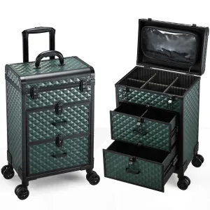 Adazzo Professional Rolling Makeup Train Case with Drawers, Makeup Case on Wheels, Nail Tech Rolling Cart Storage Organizer Trolley Make up Case for Travel Makeup/Nail Art/Hair Styling, Dark Green