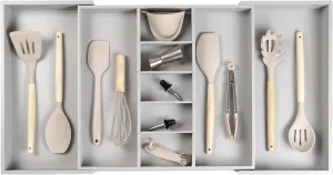 Adjustable Kitchen Drawer Organizer for Utensils and Junk, Food-Safe Contract Grade with 100% Sustainable Wood, Expandable from 19 to 33 Inches Wide - Gray Bamboo