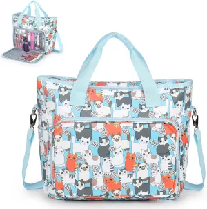 Aeelike Yarn Storage Organizer Travel Crochet Bag, Large Capacity Tote Bag Knitting Bag for Carrying Projects, Knitting Needles, Crochet Hooks and Yarn, Cute Blue Cat