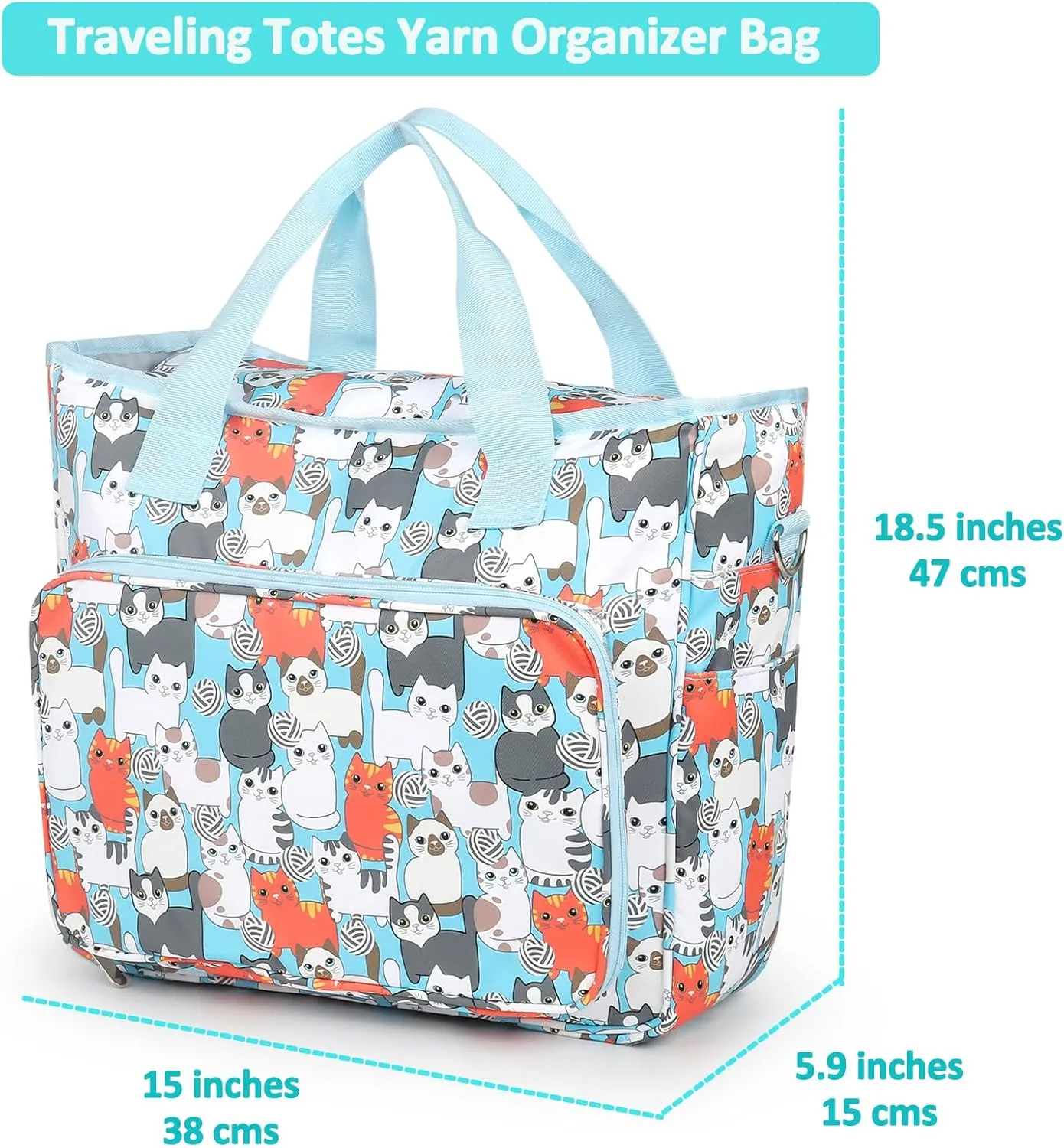 Aeelike Yarn Storage Organizer Travel Crochet Bag, Large Capacity Tote Bag Knitting Bag for Carrying Projects, Knitting Needles, Crochet Hooks and Yarn, Cute Blue Cat