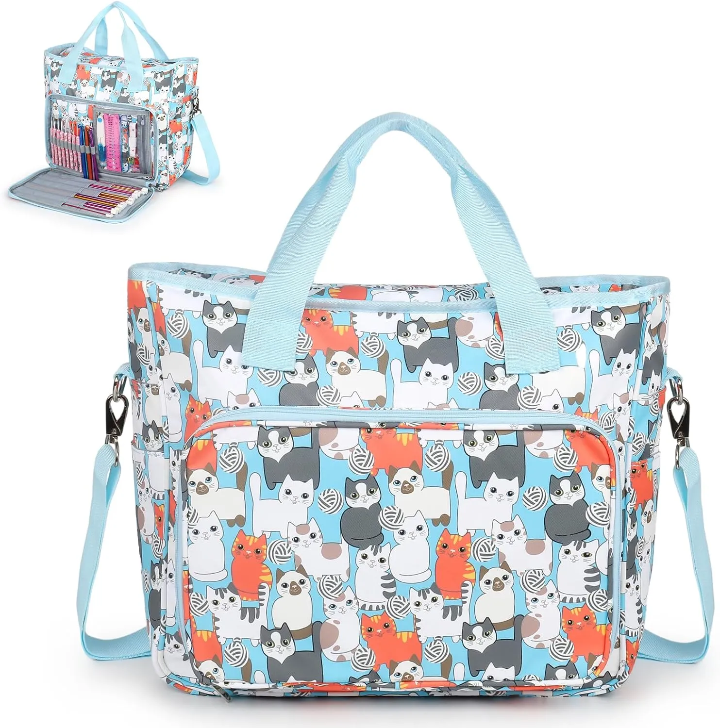 Aeelike Yarn Storage Organizer Travel Crochet Bag, Large Capacity Tote Bag Knitting Bag for Carrying Projects, Knitting Needles, Crochet Hooks and Yarn, Cute Blue Cat