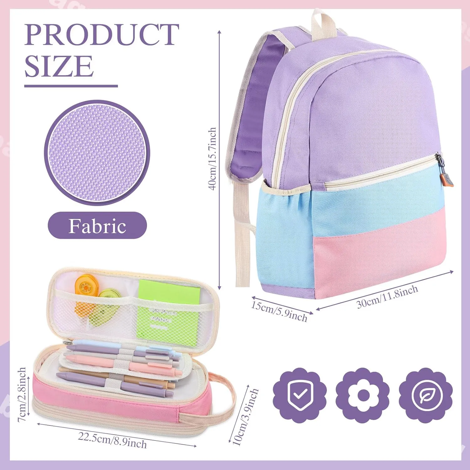 Aesthetic Backpack Set School Backpack Kindergarten with Pencil Case Kids Pencil Pouch School Supplies(Purple, Pink, Blue, Yellow)