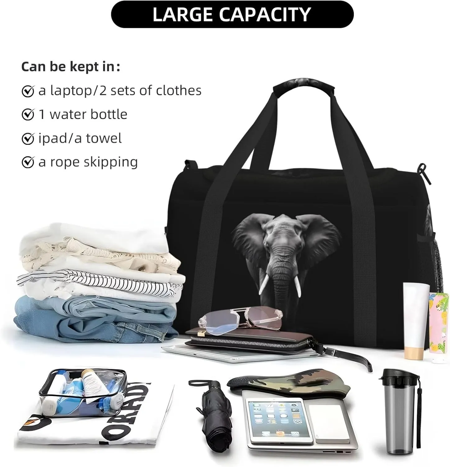 African Elephant Big Capacity Sports Gym Bag Portable Travel Duffle Bag, Lightweight Weekender Workout Bag for Overnight, Unisex