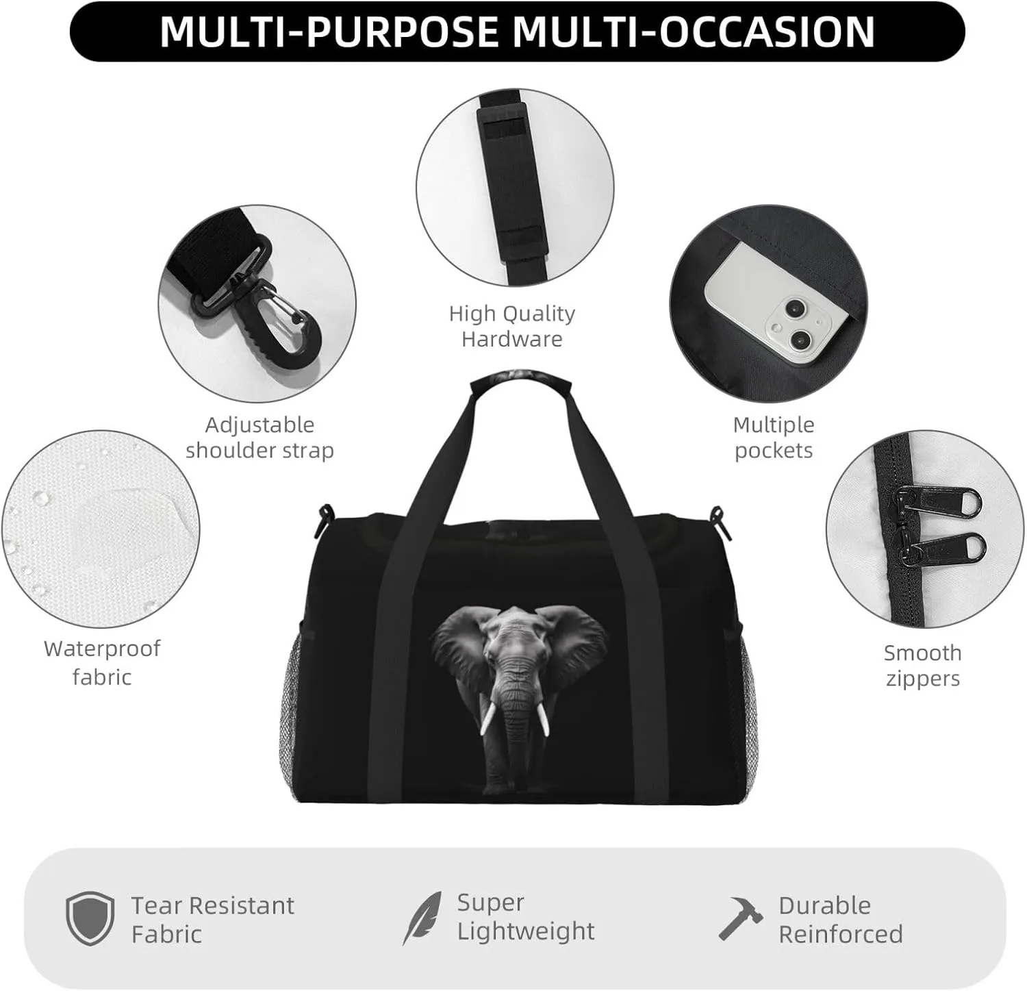 African Elephant Big Capacity Sports Gym Bag Portable Travel Duffle Bag, Lightweight Weekender Workout Bag for Overnight, Unisex