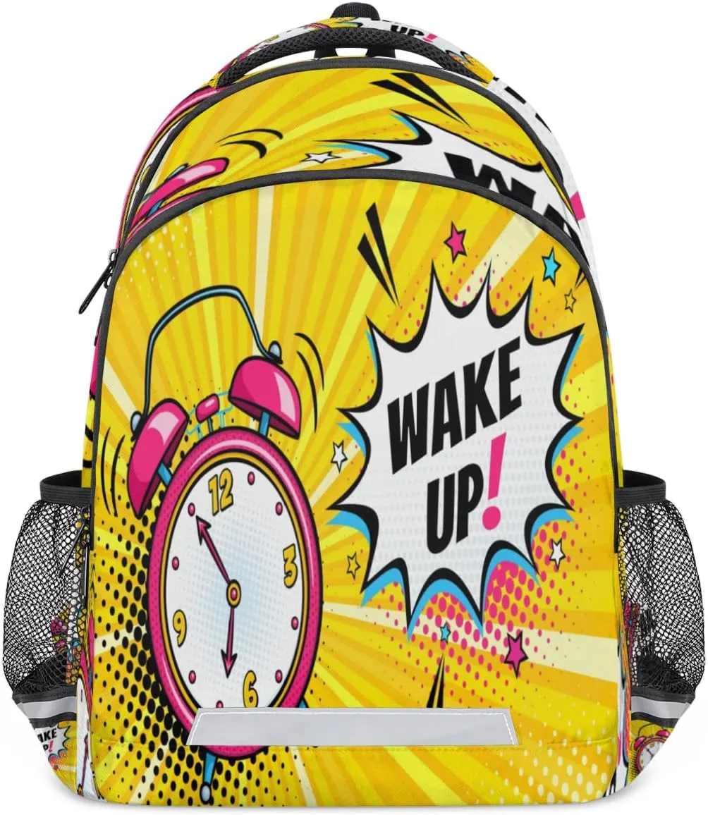 Alarm Clock Backpack with Reflective Strip, Wake Up Letter Lightweight Backpack Travel Bag Casual Daypack Laptop Bag
