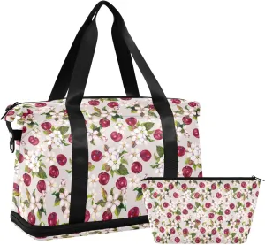 ALAZA Cherry Flowers and Cherry Berries Gym Bag Sports Duffel Bag with Shoes Compartment, Overnight Weekender Travel Tote Bag for Women Men Trip College