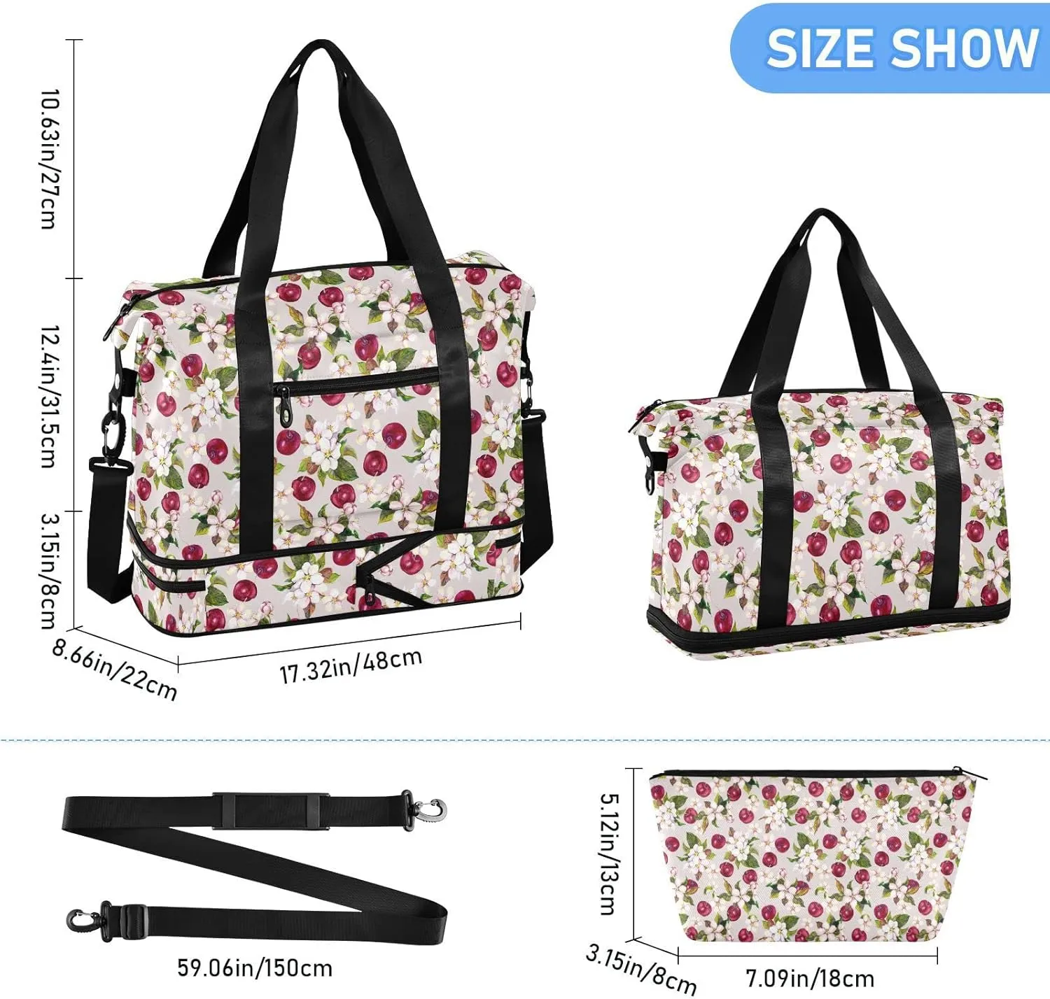 ALAZA Cherry Flowers and Cherry Berries Gym Bag Sports Duffel Bag with Shoes Compartment, Overnight Weekender Travel Tote Bag for Women Men Trip College