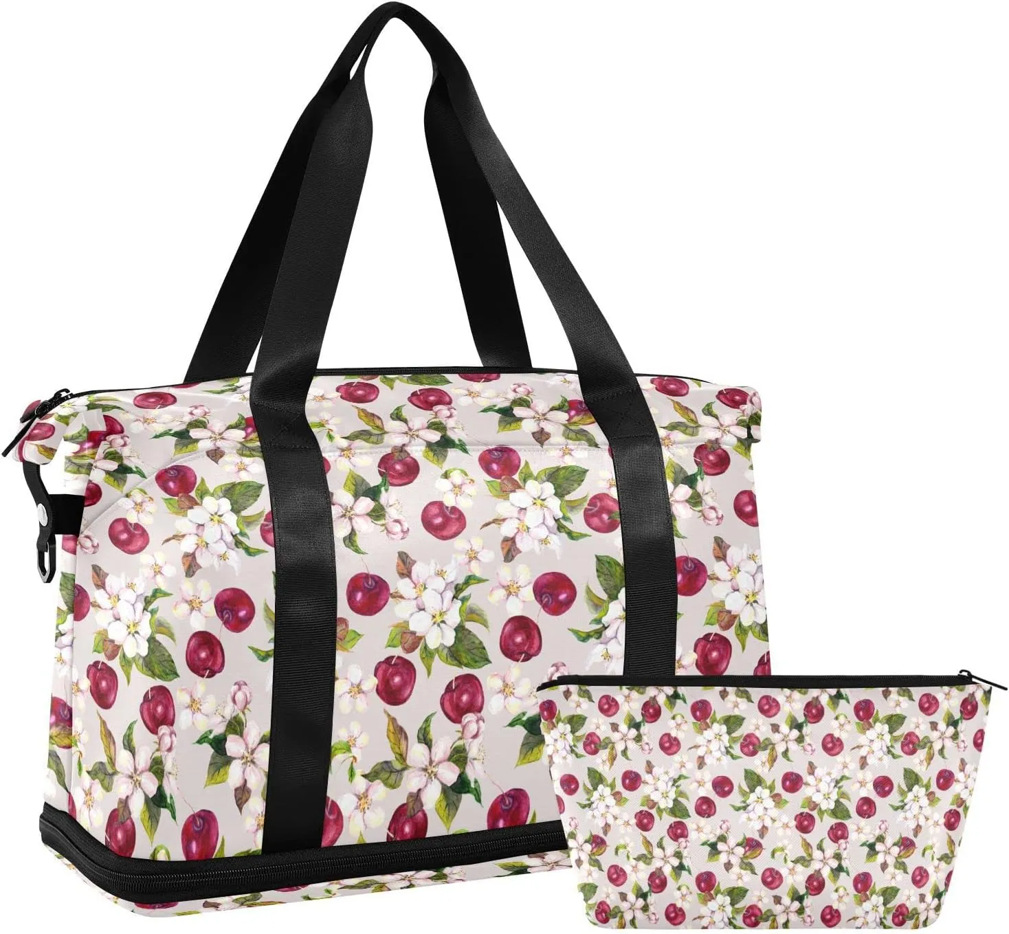 ALAZA Cherry Flowers and Cherry Berries Gym Bag Sports Duffel Bag with Shoes Compartment, Overnight Weekender Travel Tote Bag for Women Men Trip College