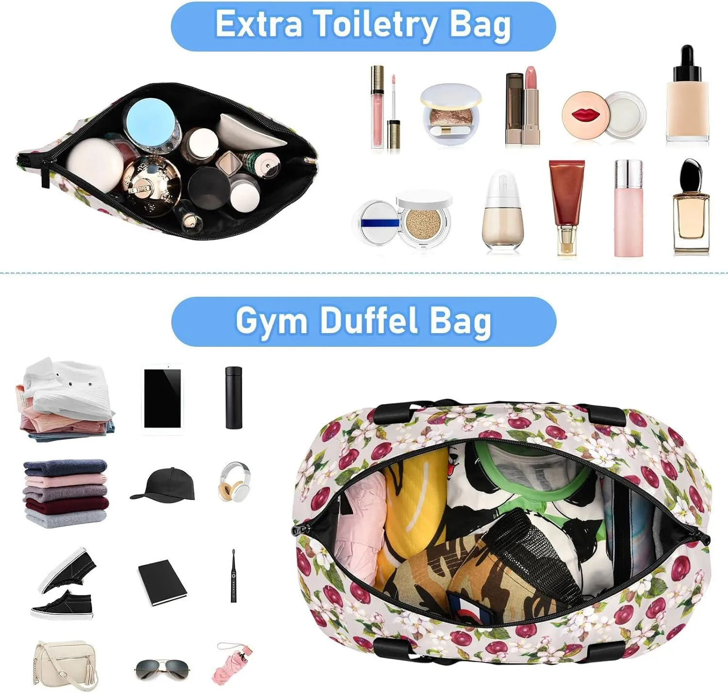 ALAZA Cherry Flowers and Cherry Berries Gym Bag Sports Duffel Bag with Shoes Compartment, Overnight Weekender Travel Tote Bag for Women Men Trip College
