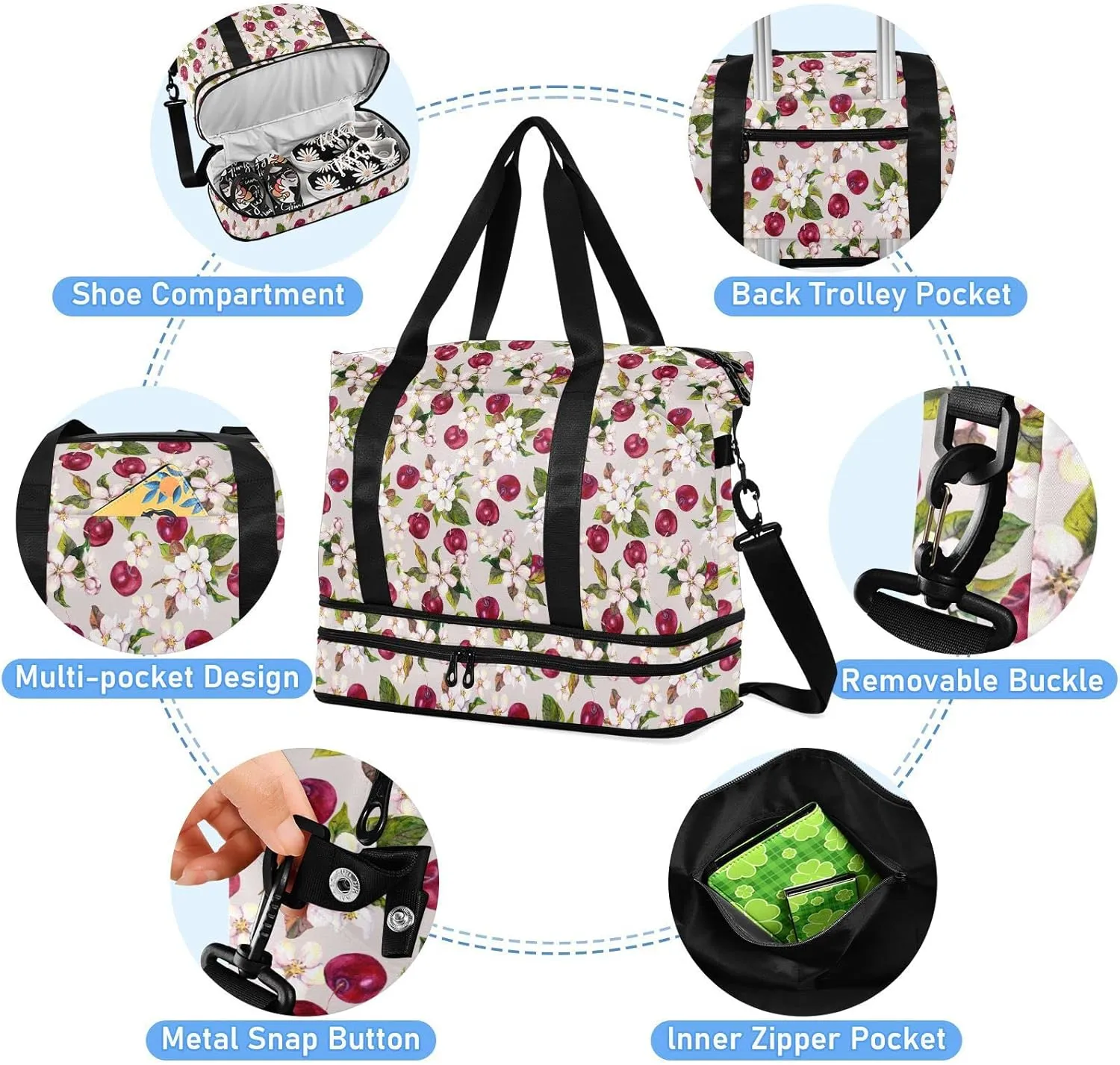 ALAZA Cherry Flowers and Cherry Berries Gym Bag Sports Duffel Bag with Shoes Compartment, Overnight Weekender Travel Tote Bag for Women Men Trip College