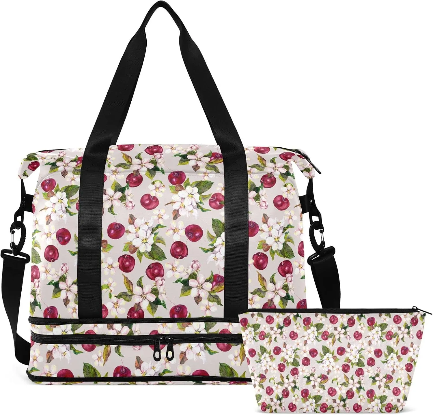 ALAZA Cherry Flowers and Cherry Berries Gym Bag Sports Duffel Bag with Shoes Compartment, Overnight Weekender Travel Tote Bag for Women Men Trip College