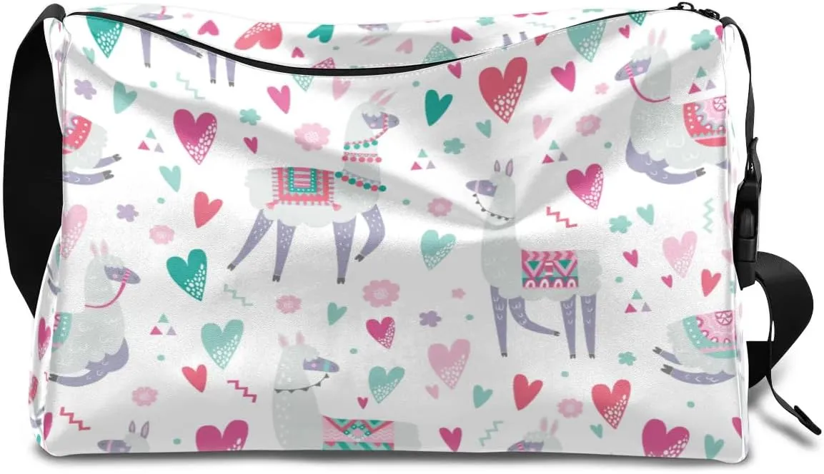 Alpaca Heart Small Gym Bag for Men Women Workout Sport Duffle Bag Waterproof Weekender Overnight Bag Lightweight Carry on Tote Bag Crossbody Shoulder Travel Bag for Swim Yoge Dance