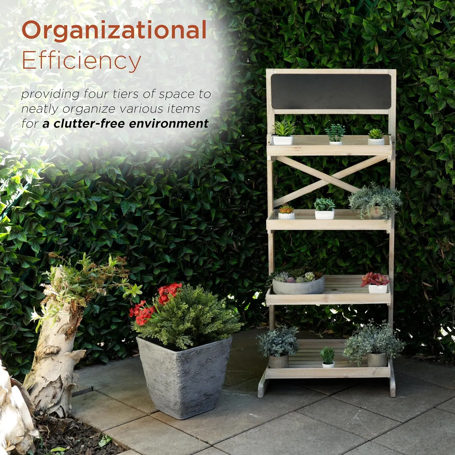 Alpine Corporation MBB164 Wood 4-Tier Storage Organizer with Chalkboard, Rustic Wooden Display Rack for Books, Plants, Decor