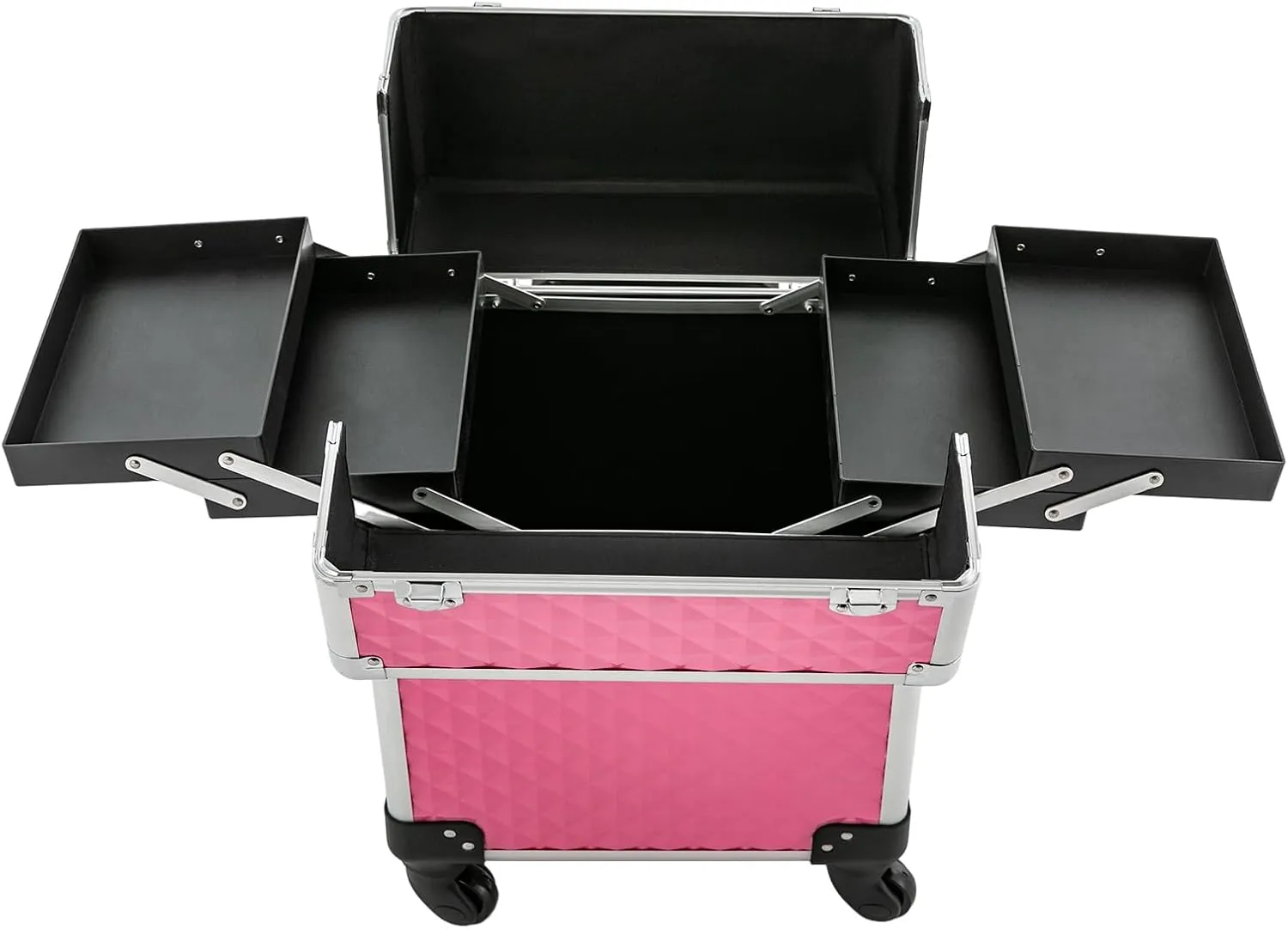 Aluminum Rolling Makeup Train Case, Portable Makeup Organizer Suitcase, Cosmetic Storage Box, Travel Beauty Luggage Trolley Lockable w/4 Removable Wheels & 2 Sliding Drawers (Dark Pink)