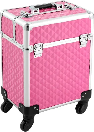Aluminum Rolling Makeup Train Case, Portable Makeup Organizer Suitcase, Cosmetic Storage Box, Travel Beauty Luggage Trolley Lockable w/4 Removable Wheels & 2 Sliding Drawers (Dark Pink)