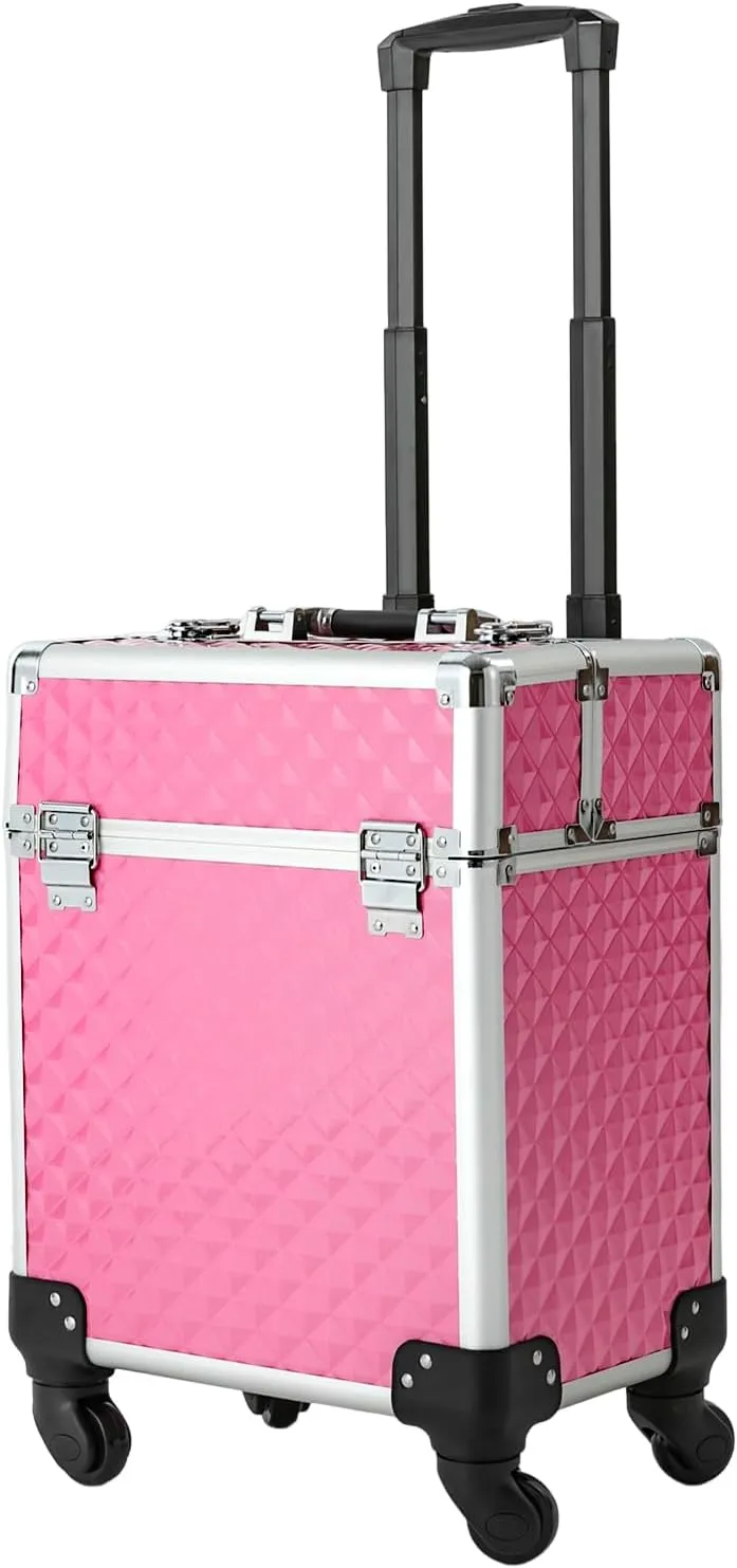 Aluminum Rolling Makeup Train Case, Portable Makeup Organizer Suitcase, Cosmetic Storage Box, Travel Beauty Luggage Trolley Lockable w/4 Removable Wheels & 2 Sliding Drawers (Dark Pink)