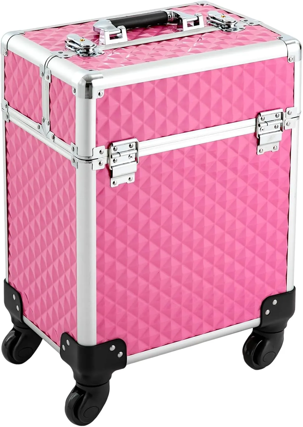 Aluminum Rolling Makeup Train Case, Portable Makeup Organizer Suitcase, Cosmetic Storage Box, Travel Beauty Luggage Trolley Lockable w/4 Removable Wheels & 2 Sliding Drawers (Dark Pink)