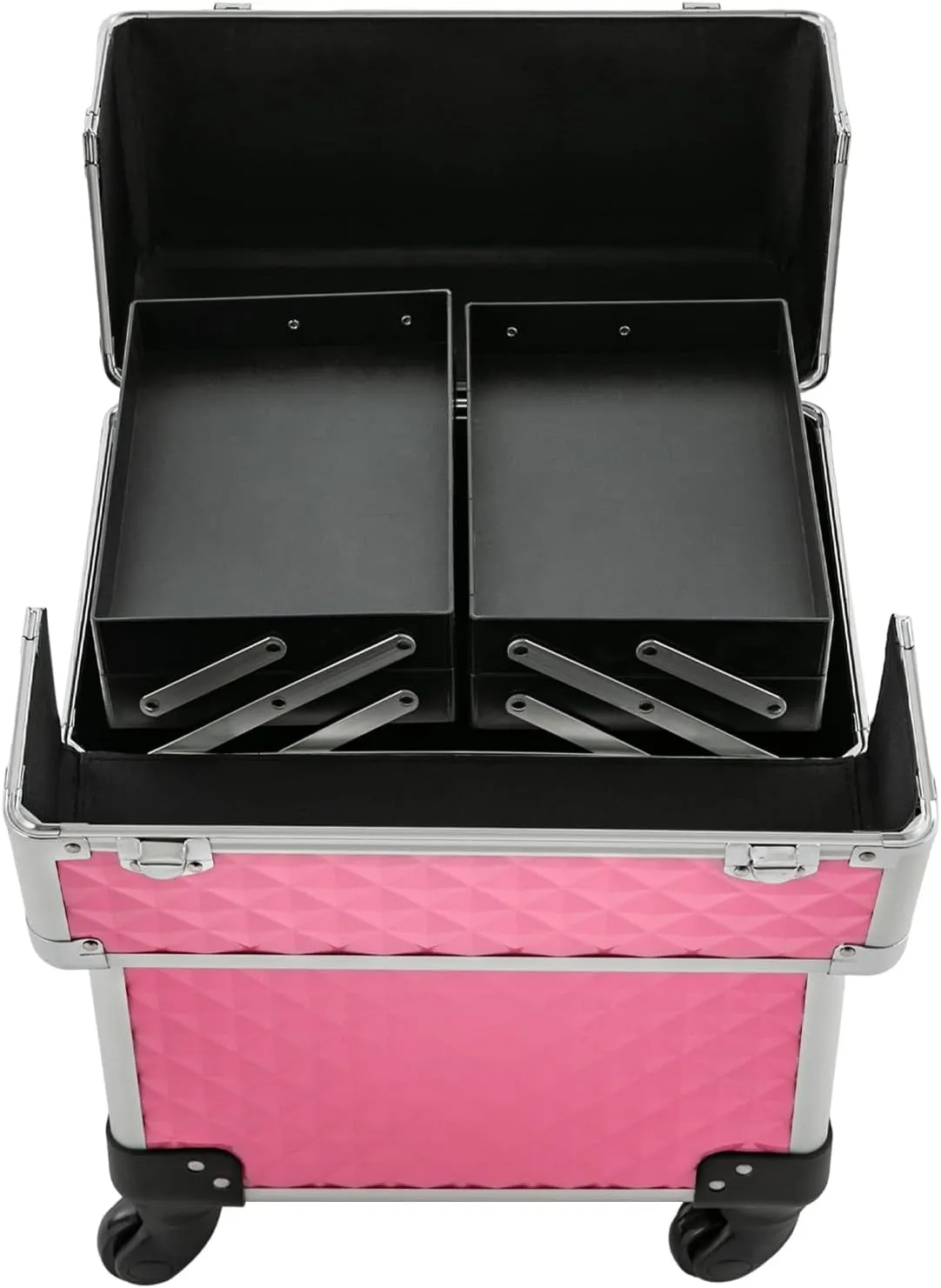 Aluminum Rolling Makeup Train Case, Portable Makeup Organizer Suitcase, Cosmetic Storage Box, Travel Beauty Luggage Trolley Lockable w/4 Removable Wheels & 2 Sliding Drawers (Dark Pink)