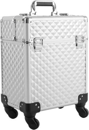 Aluminum Rolling Makeup Train Case, Portable Makeup Organizer Suitcase, Cosmetic Storage Box, Travel Beauty Luggage Trolley Lockable w/4 Removable Wheels & 2 Sliding Drawers (Silver)
