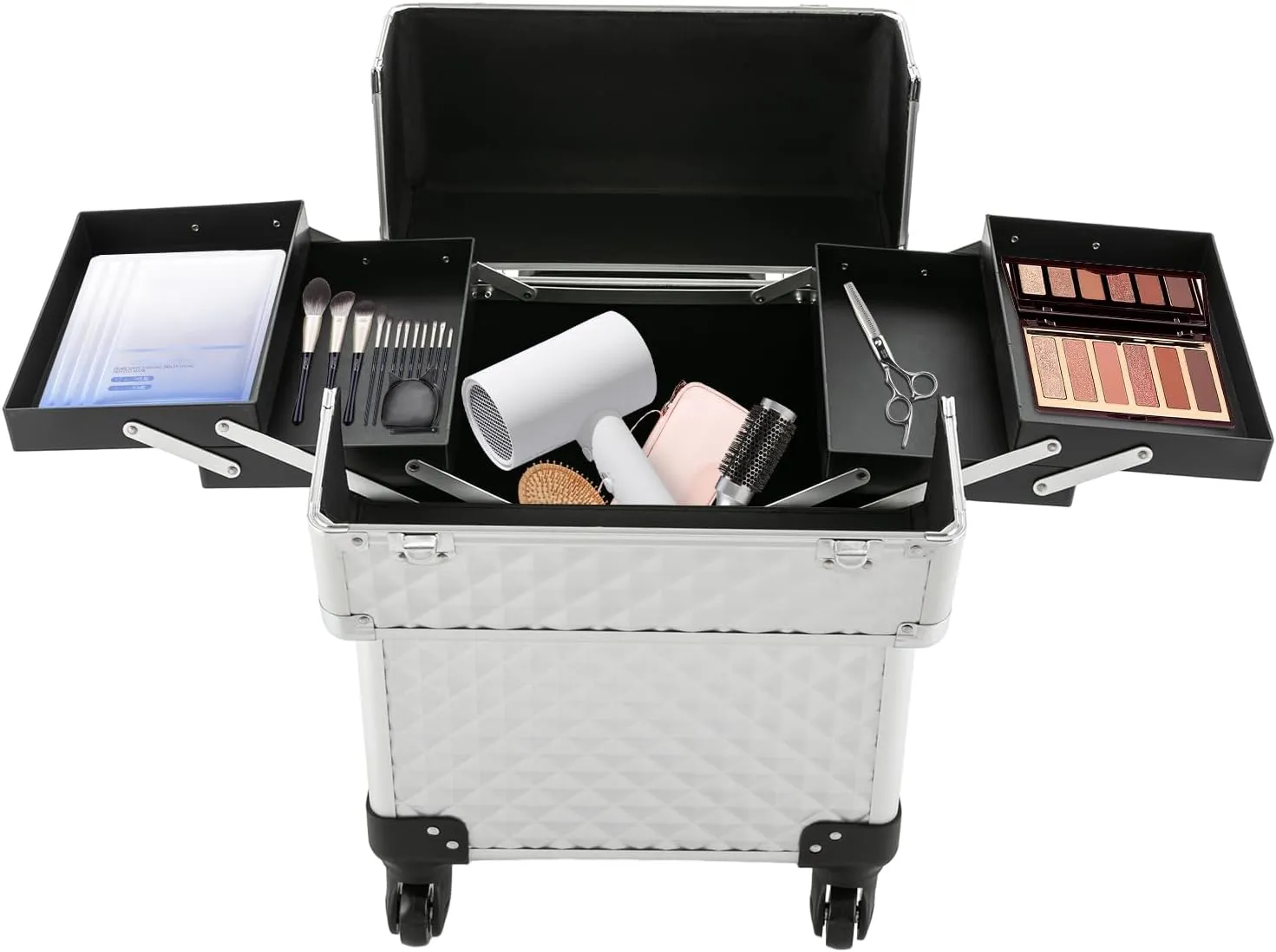 Aluminum Rolling Makeup Train Case, Portable Makeup Organizer Suitcase, Cosmetic Storage Box, Travel Beauty Luggage Trolley Lockable w/4 Removable Wheels & 2 Sliding Drawers (Silver)