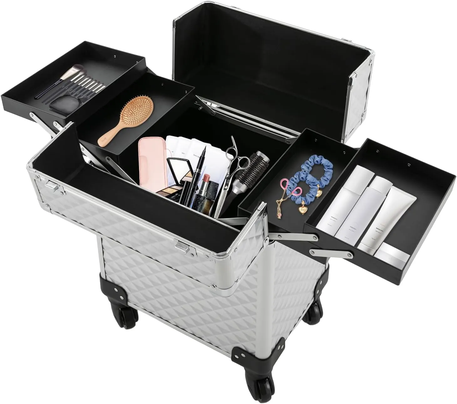 Aluminum Rolling Makeup Train Case, Portable Makeup Organizer Suitcase, Cosmetic Storage Box, Travel Beauty Luggage Trolley Lockable w/4 Removable Wheels & 2 Sliding Drawers (Silver)