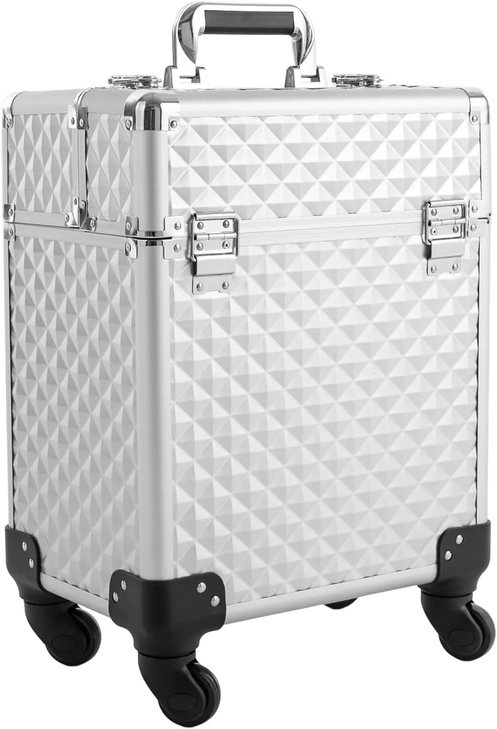 Aluminum Rolling Makeup Train Case, Portable Makeup Organizer Suitcase, Cosmetic Storage Box, Travel Beauty Luggage Trolley Lockable w/4 Removable Wheels & 2 Sliding Drawers (Silver)