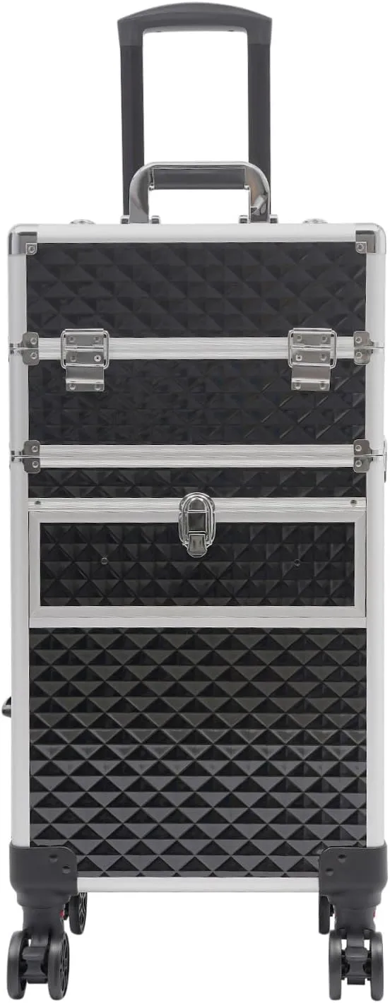 ﻿Aluminum Rolling Makeup Train Case, Professional Makeup Organizer Suitcase, Cosmetic Storage Box, Travel Beauty Luggage Trolley Lockable w/4 Removable Wheels & 2 Sliding Drawers