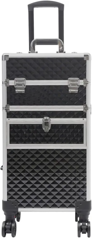 ﻿Aluminum Rolling Makeup Train Case, Professional Makeup Organizer Suitcase, Cosmetic Storage Box, Travel Beauty Luggage Trolley Lockable w/4 Removable Wheels & 2 Sliding Drawers