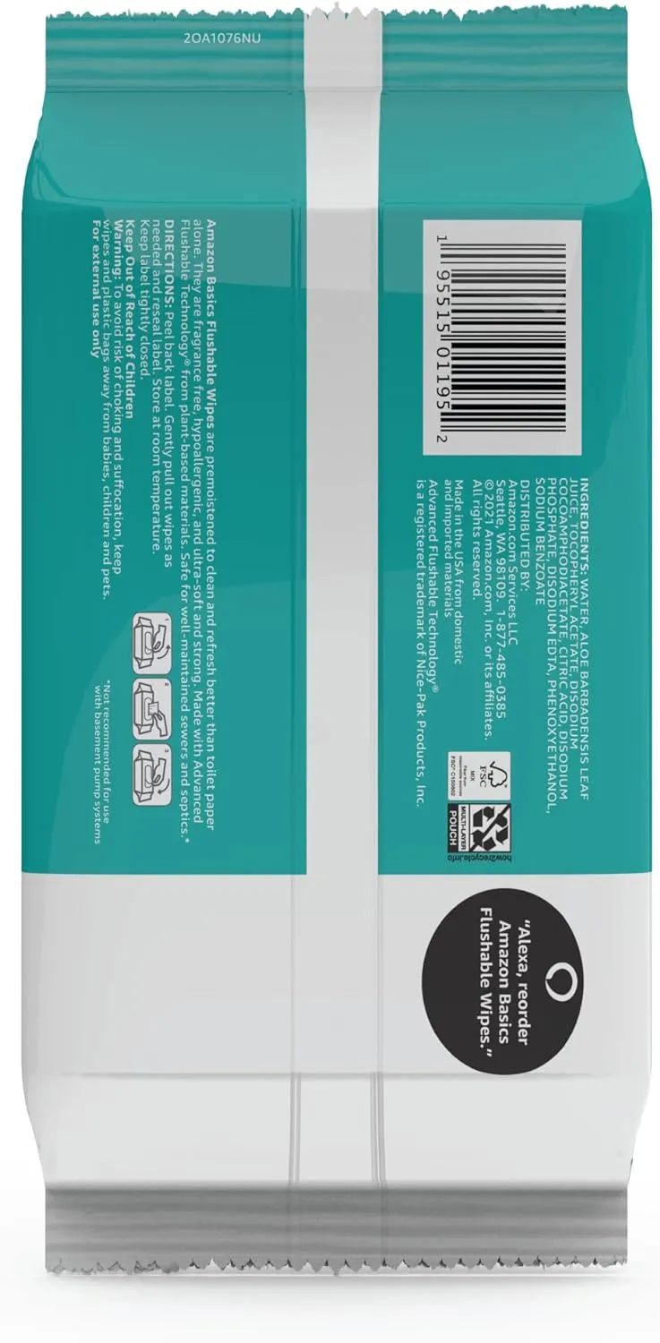Amazon Basics Flushable Adult Toilet Wipes, Fragrance Free, 504 Count (12 Packs of 42)
