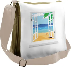 Ambesonne Beach Messenger Bag, Window View Ocean Leaves, Unisex Cross-body