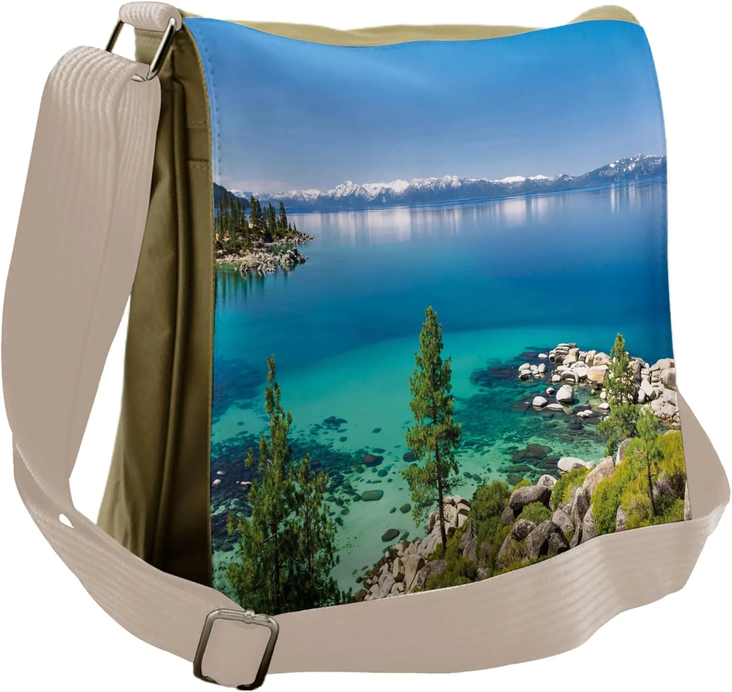 Ambesonne Blue Messenger Bag, Tranquil Tahoe Shoreline, Unisex Cross-body