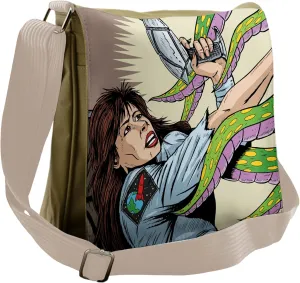 Ambesonne Cartoon Messenger Bag, Alien Attack Astronaut, Unisex Cross-body