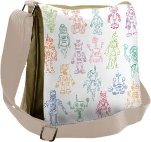 Ambesonne Cartoon Messenger Bag, Robots Performing Tasks, Unisex Cross-body