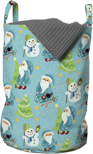 Ambesonne Christmas Laundry Bag, Graphics Santas and Snowmen with Stars and Spruce Trees, Hamper Basket with Handles Drawstring Closure for Laundromats, 13" x 19", Lime Green Multicolor