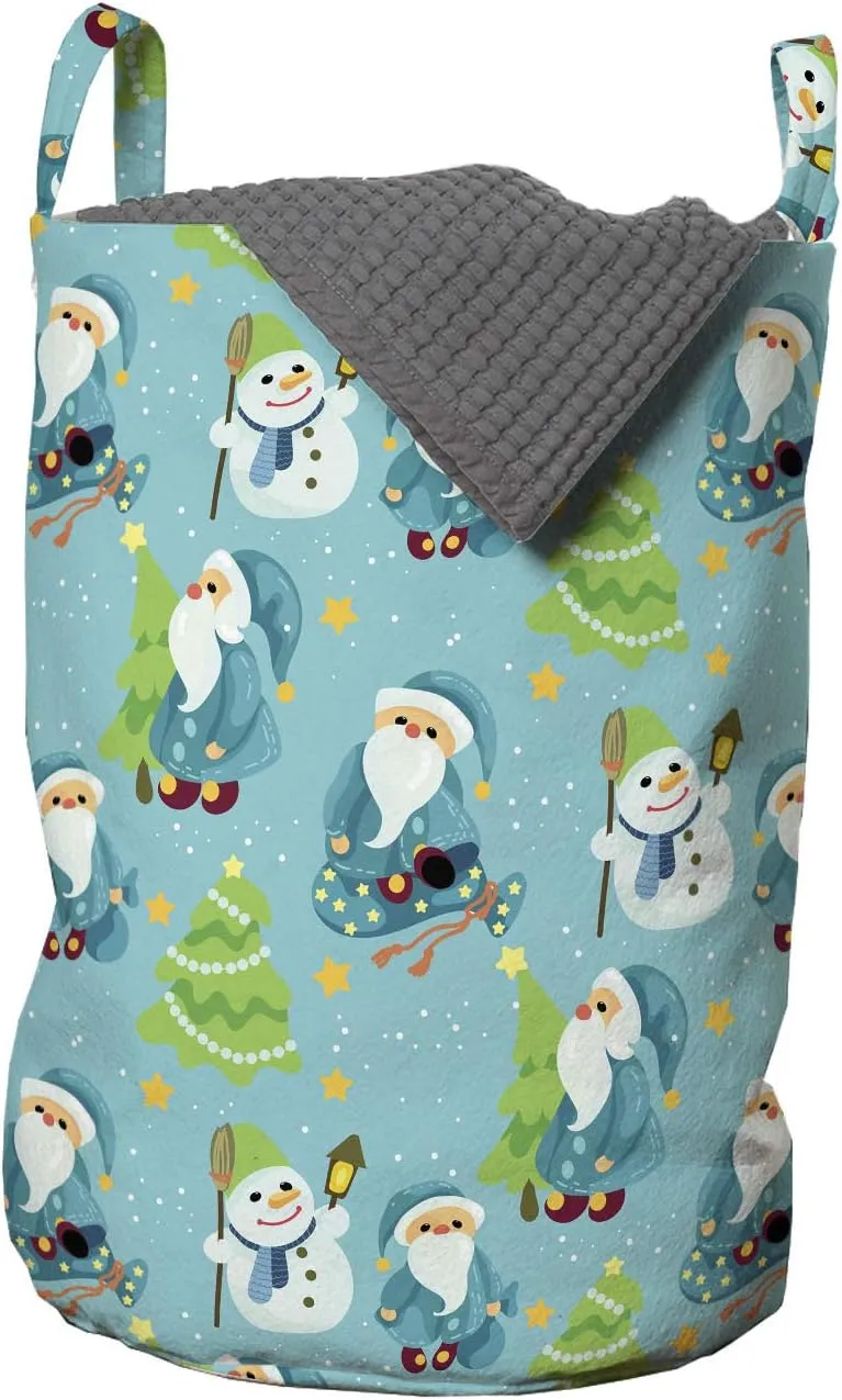 Ambesonne Christmas Laundry Bag, Graphics Santas and Snowmen with Stars and Spruce Trees, Hamper Basket with Handles Drawstring Closure for Laundromats, 13" x 19", Lime Green Multicolor