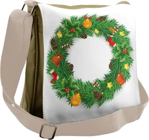 Ambesonne Christmas Messenger Bag, Evergreen Wreath Art, Unisex Cross-body