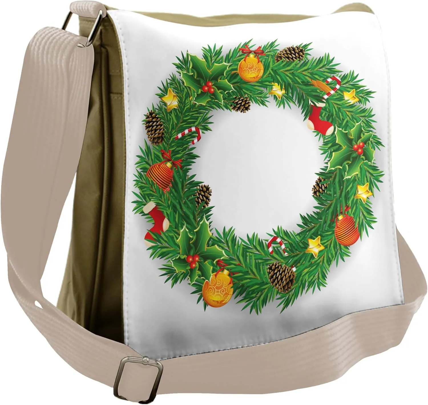 Ambesonne Christmas Messenger Bag, Evergreen Wreath Art, Unisex Cross-body