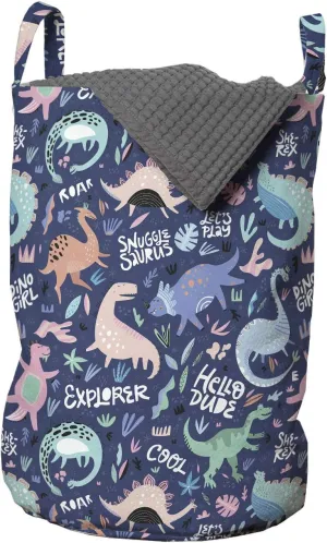 Ambesonne Dinosaur Laundry Bag, Cartoonish Abstract Extinct Animals She-rex Dino Girl, Hamper Basket with Handles Drawstring Closure for Laundromats, 13" x 19", Dark Indigo and Multicolor