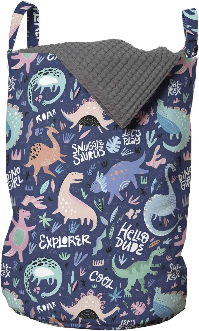 Ambesonne Dinosaur Laundry Bag, Cartoonish Abstract Extinct Animals She-rex Dino Girl, Hamper Basket with Handles Drawstring Closure for Laundromats, 13" x 19", Dark Indigo and Multicolor
