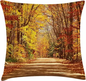 Ambesonne Fall Throw Pillow Cushion Cover, Scenic View Outdoors Empty Roadway Surrounded with Deciduous Trees Image, Decorative Square Accent Pillow Case, 28" X 28", Redwood Yellow Orange