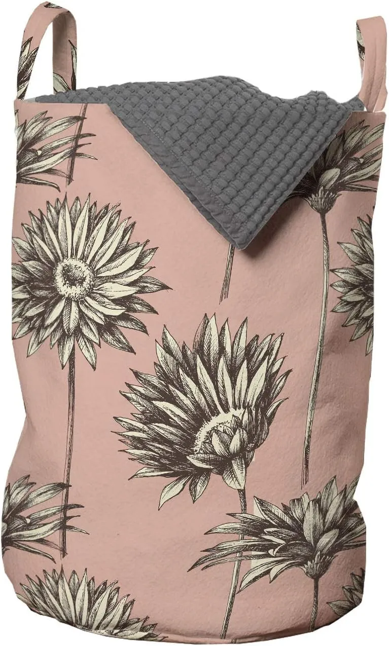 Ambesonne Floral Laundry Bag, Dramatic Gerbera Flower Sketch Illustration on Soft Pink Background, Hamper Basket with Handles Drawstring Closure for Laundromats, 13" x 19", Dark Brown Blush