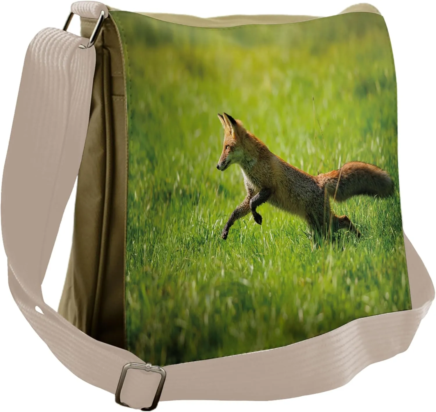 Ambesonne Fox Messenger Bag, Jumping Animal Fresh Grass, Unisex Cross-body