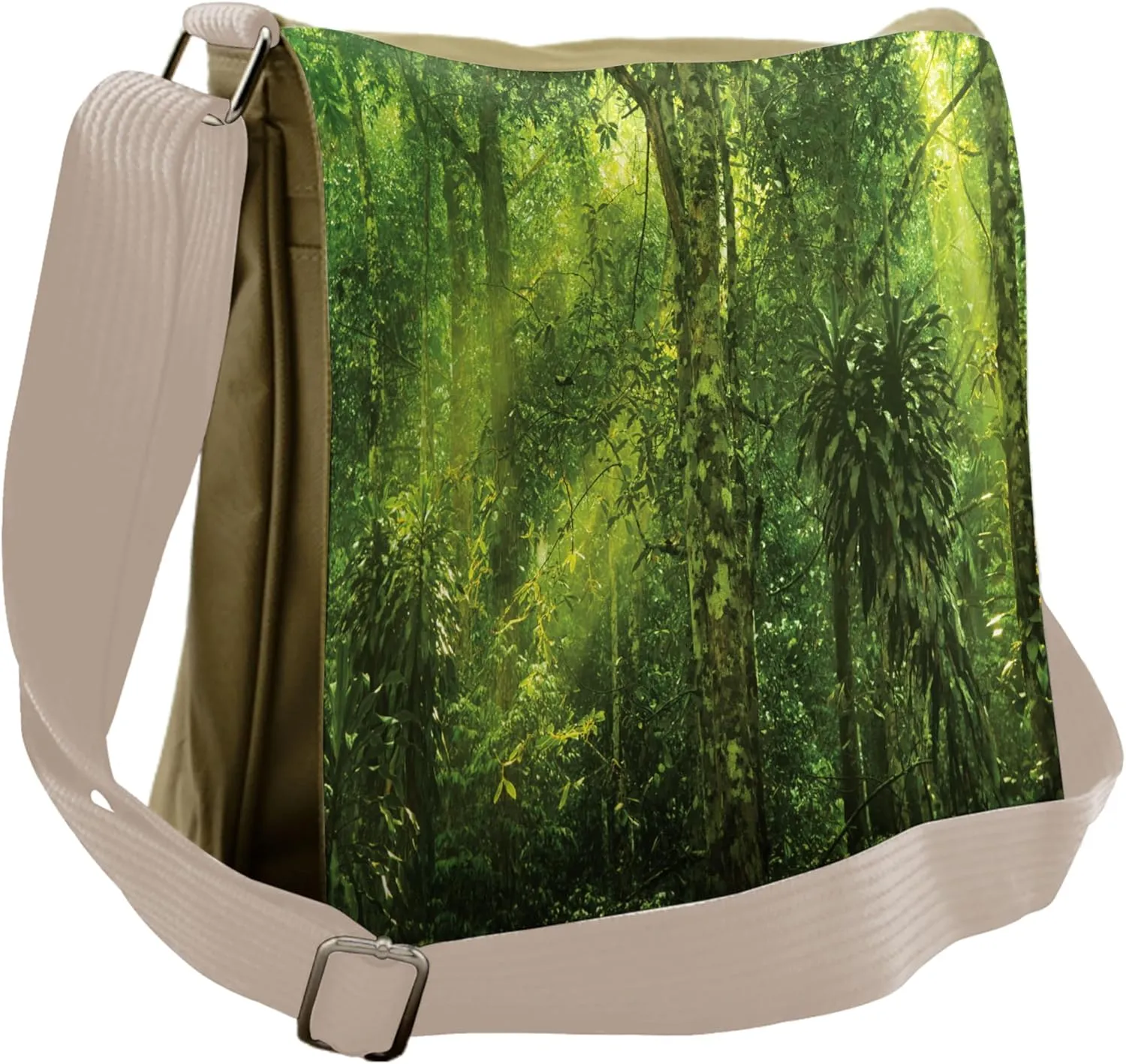 Ambesonne Green Messenger Bag, Sun Beams Tropic Forest, Unisex Cross-body