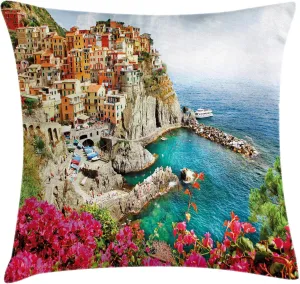 Ambesonne Italy Throw Pillow Cushion Cover, Monarola Antique Village in Cinque Terre Coastal Panorama Summer Beach Scenic View, Decorative Square Accent Pillow Case, 26" X 26", Orange Pink